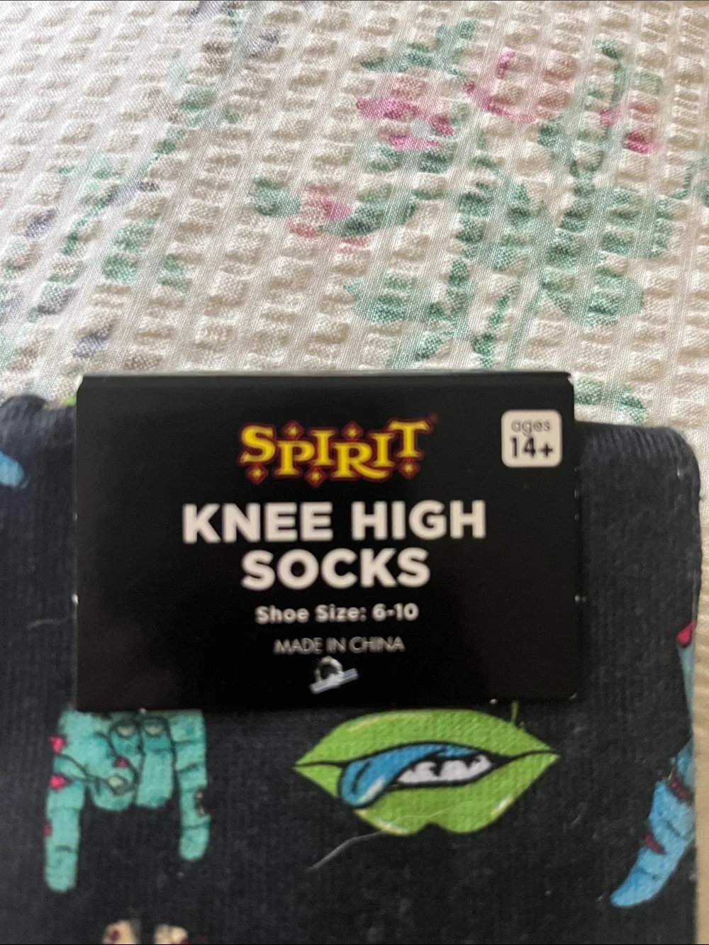 Spirit Black Knee-High Socks with Neon Green & Teal Monster Motif